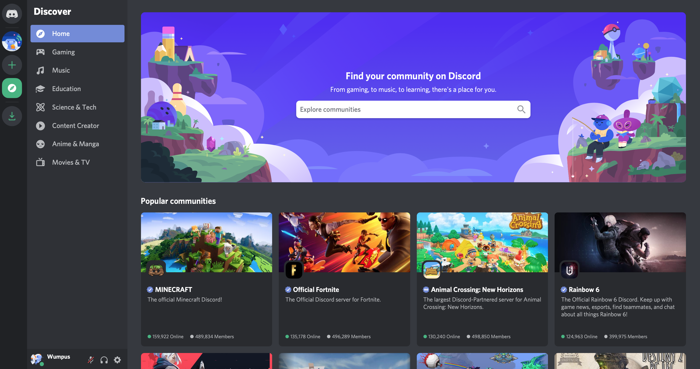 picture of server discovery home page (discord)